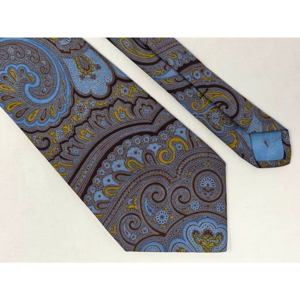 BULLOCKS SPAIN VINTAGE SILK TIE GRAY BLUE GOLD PAISLEY HANDMADE 4.25" X 59" WIDE